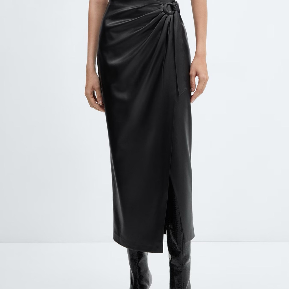 Mango Black Midi Skirt with Knot Detail